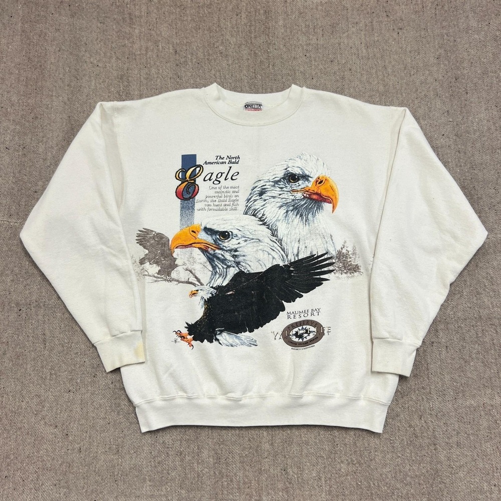 Vintage Bald Eagle Sweatshirt Mens Large White 1990s North America USA